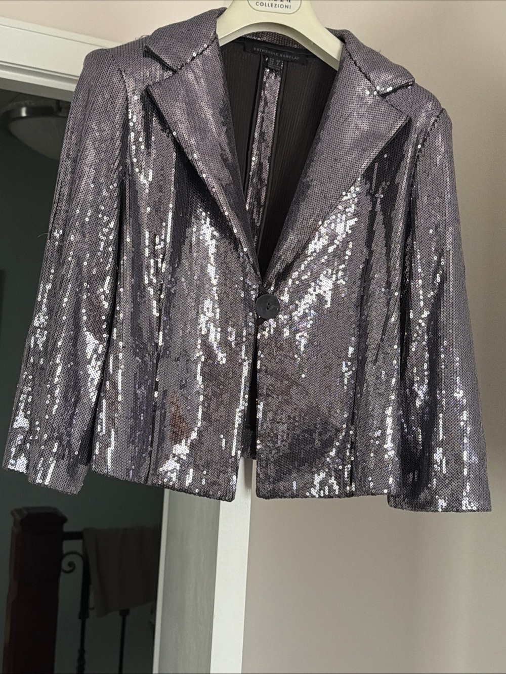 Katherine Barclay Cotton Blend Gray Silver Sequined evening cropped Blazer S